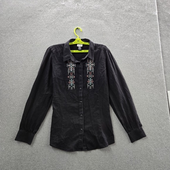 Wrangler Tops - Wrangler Women Button Up Shirt M Black Embroidered Retro Western